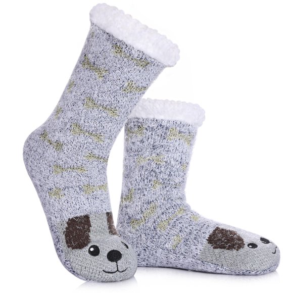 DYW Women Winter Thick Slipper Socks with Grippers Non Slip Warm Fleece Lining Fluffy Fuzzy Socks Christmas Gifts (Dog A)