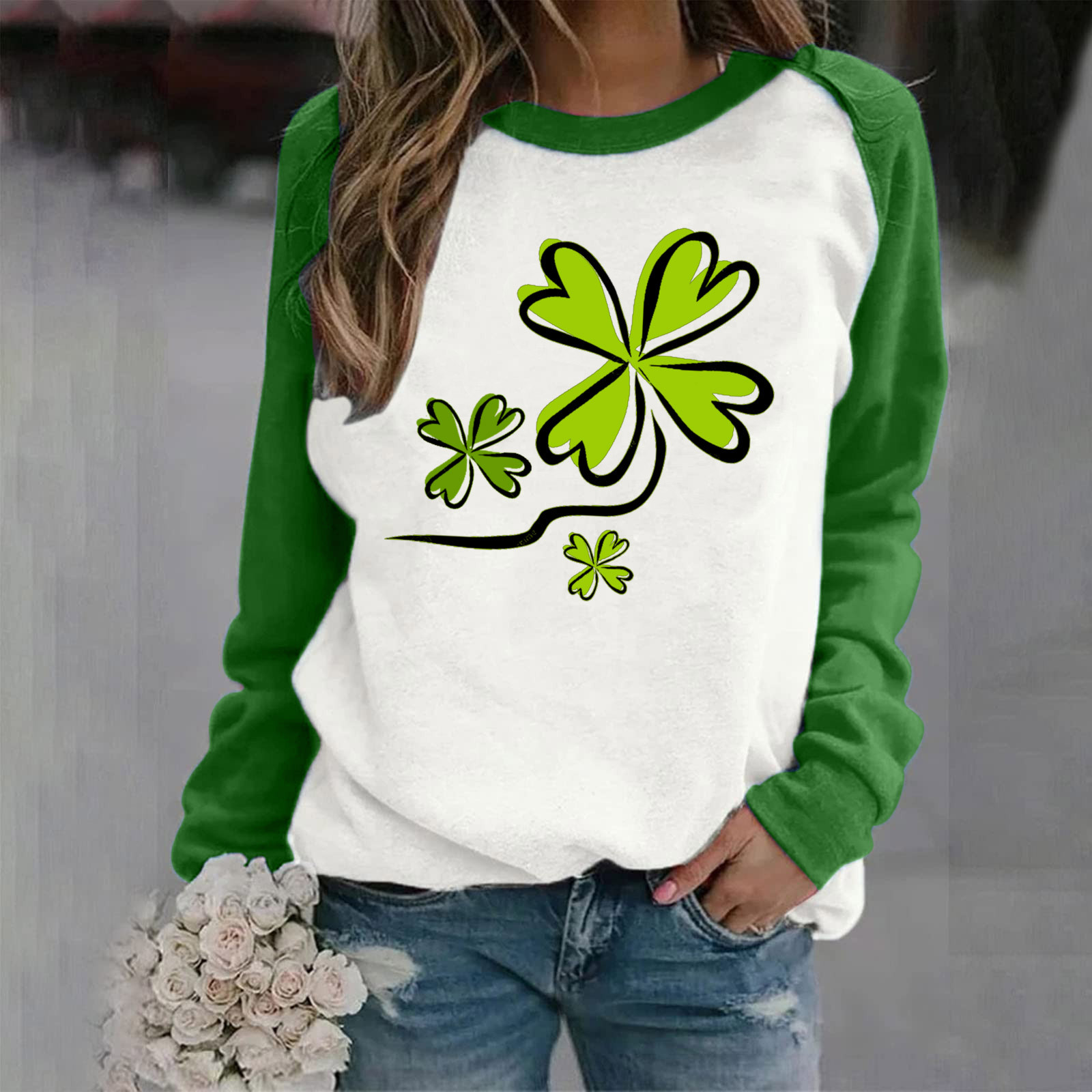 Chandail de la Saint-Patrick pour Femmes, T-shirt à Col Rond Imprimé à Manches Longues, Haut Ample, Chandail de la Saint-Patrick