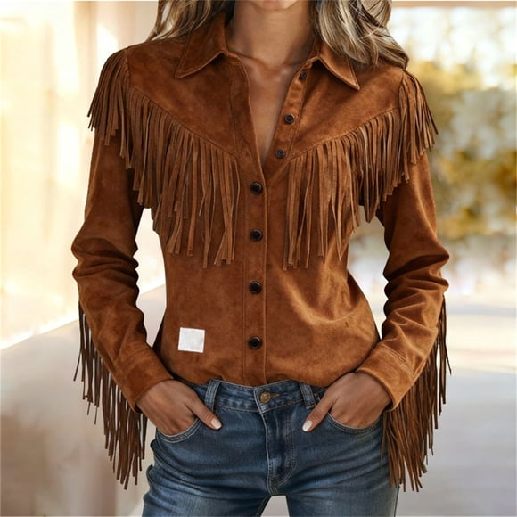 Women's Suede Fringe Western Shirt, Long Sleeve Button Down Blouse with Chest and Sleeve Fringe, Retro Cowgirl Top for Western Party, Rodeo & Daily Wear Brown M