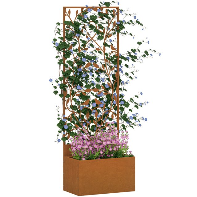 Outsunny Raised Garden Bed with Outdoor Privacy Screen, Wall-Mounted, Brown