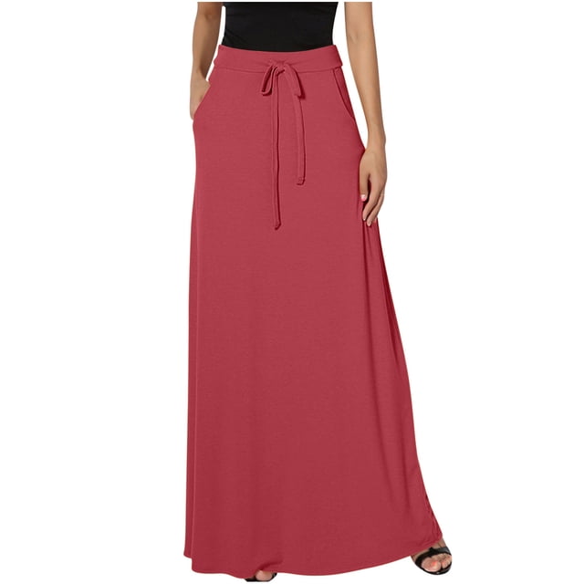 FAIWAD Women's Elastic High Waisted Maxi Skirt Drawstring Loose Casual Basic A-Line Skirts with Pockets