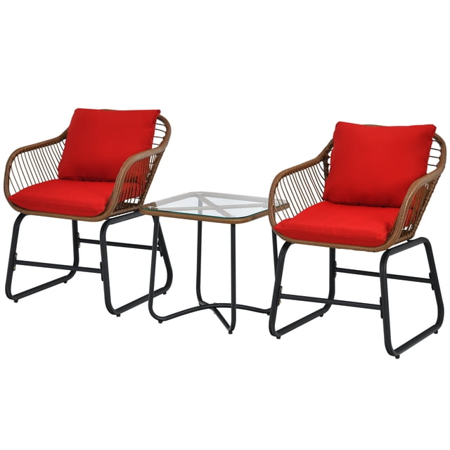 Patiojoy Ensemble de Mobilier d'Extérieur 3 Pcs Ensemble Bistro de Patio avec 2 Fauteuils et Table en Verre Trempé Rouge