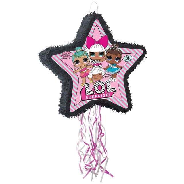 LOL Surprise Shaped Drum Pull Pinata star-shaped with black fringed edges and pink striped center featuring four LOL Surprise dolls and speech bubbles, with pink and white pull ribbons hanging below for party decoration and candy release.