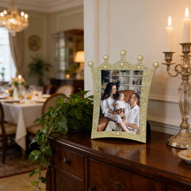Cadre Photo Classique en Résine Incrustée de Perles pour la Déco de la Maison avec Objectif Transparent, Montage Mural Ou Présentation sur Table, Fini or et Argent, Ensemble de 3 Tailles