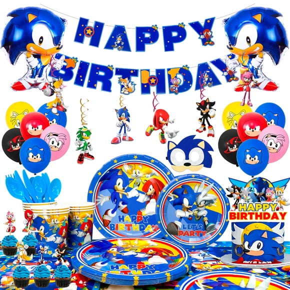 Sonic Articles de Fête d'Anniversaire, Ensemble de Décorations et Vaisselle d'Anniversaire Sonic de 118 Pcs - Bannière d'Anniversaire Sonic Ballons Assiettes Gobelets Serviettes Nappe etc. Articles de Fête Sonic The Hedgehog pour Garçons Enfants