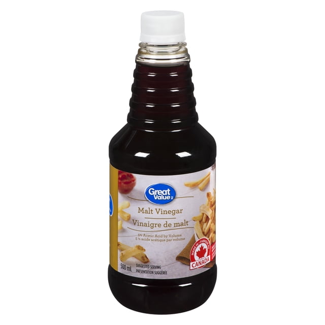 Great Value Pure Malt Vinegar 500 mL bottle with dark brown aged malt vinegar from acetous fermentation of malt, featuring a white cap, label with malt grains, fries, and Canadian maple leaf, suitable for cooking and pickling.