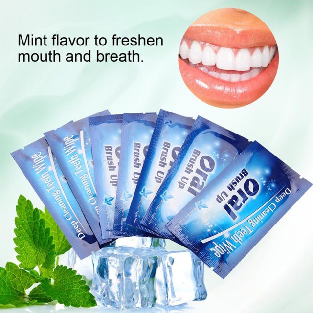 50pcs Disposable Wipe Oral Brush Up Finger for deep cleaning and oral care. The image shows individually packaged blue wipes labeled 'Oral Brush Up Deep Cleaning Teeth Wipe' arranged on ice cubes with mint leaves nearby. A close-up of clean teeth is displayed in the top right corner, emphasizing the mint flavor for fresh breath. Ideal for travel, office, or home use.