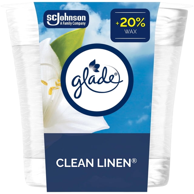 Glade® Bougie Parfumée Désodorisant d'Air, Linge Propre dans un Pot en Verre Transparent avec Cire Texturée Blanche, Présentant une Étiquette Bleue avec le logo Glade, une image de Fleur de Lys Blanche et un Indicateur de Cire à +20 %, Conçu pour Procurer un Parfum de Linge Frais Idéal pour Créer une Atmosphère Relaxante.