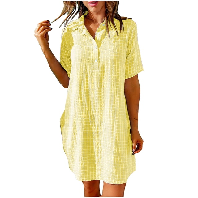 Pisexur Robes d'Été pour Femmes Couleur Unie à Rayures en Coton et Lin Mode Décontractée Robe Midi à Col en V Fluide Ample à Manches Courtes Robe d'Été Confortable Évasée Boutonnée Robe de Plage Robe Grande Taille P-3TG
