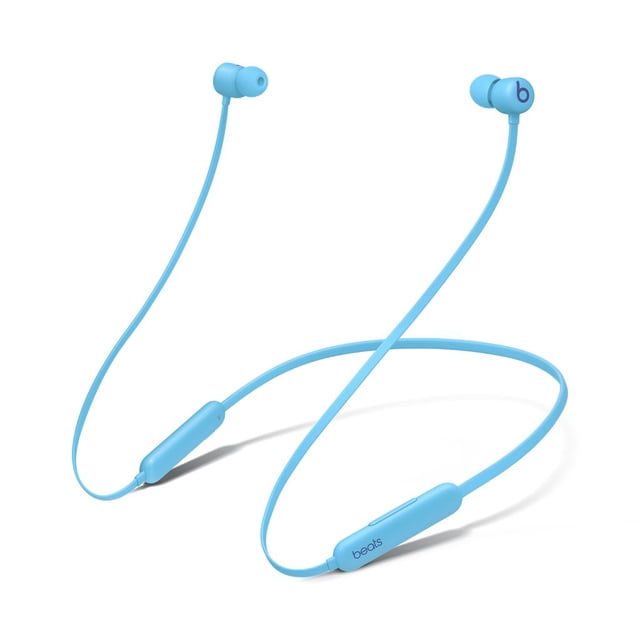 Beats Flex – All-Day Wireless Earphones in blue with magnetic earbuds connected by a flexible neckband cable featuring inline controls and the Beats logo on the right earbud, providing up to 12 hours of Bluetooth wireless listening and a comfortable fit with four ear tip options.