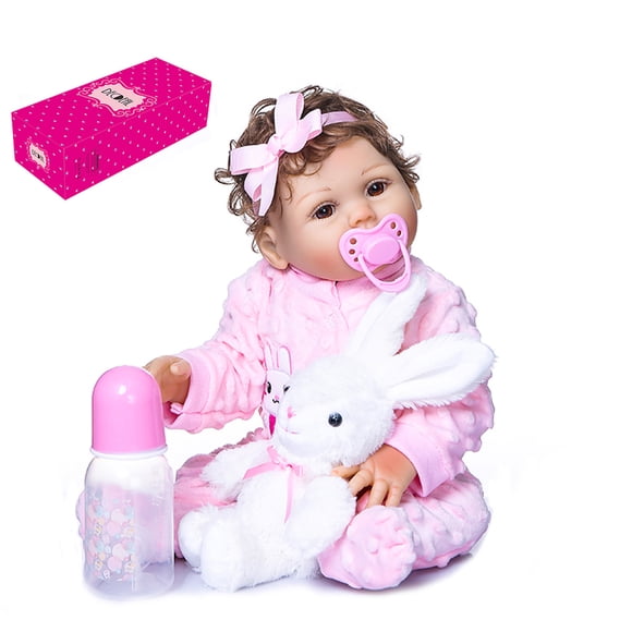 Decdeal Reborn Dolls Poupée Bébé Réaliste en Silicone Corps Entier 18,5 Pouces Poupée Bébé Pondérée Réaliste avec Cheveux Bouclés Combinaison Lapin