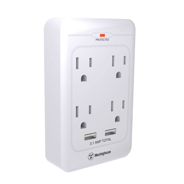 Westinghouse 1080J Surge USB Adapter with four grounded outlets, two USB charging ports (3.1A total), LED protected indicator, 1080 Joule surge protection, and CETL safety certification in a white rectangular design, ideal for powering and protecting multiple electronic devices.