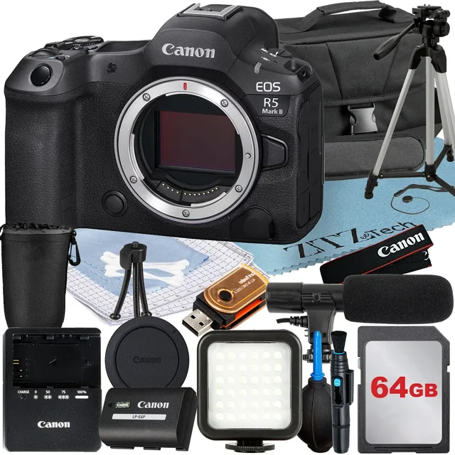 Canon EOS R5 Mark II Appareil Photo Sans Miroir (Boîtier Seulement) avec Carte Mémoire 64 Go + Étui + Flash LED + Ensemble d'Accessoires ZeeTech