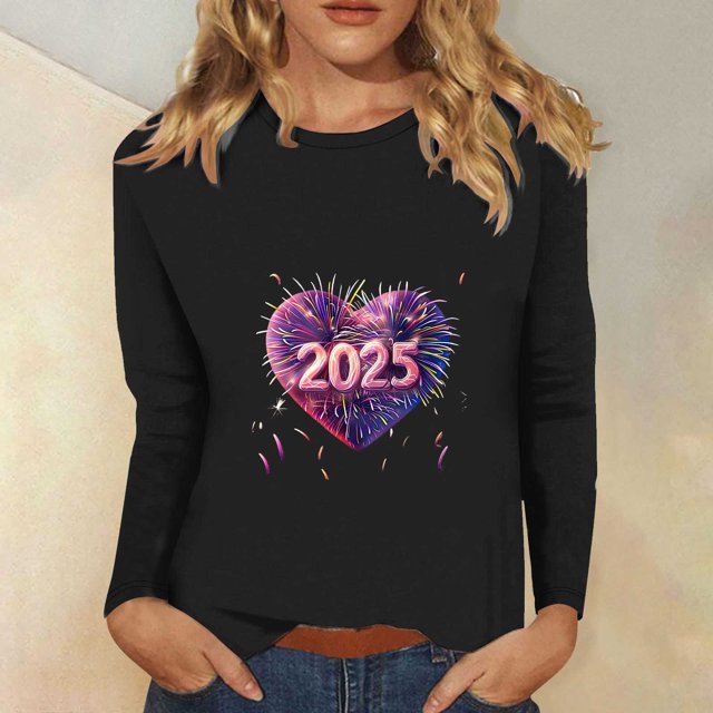 Styesk Chemises à Manches Longues pour Femmes Nouvel An T-shirt Décontracté Imprimé Col Rond Manches Longues