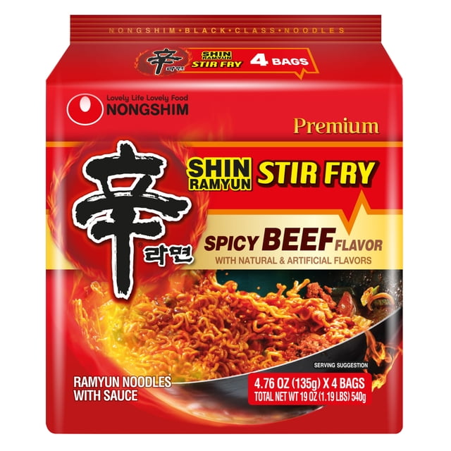 Nongshim Shin Stir-Fry spicy beef flavor ramyun noodles package containing four 135g bags, showing chewy instant noodles in a rich spicy sauce on a red background with bold black and yellow text, suitable for quick Korean-style stir-fried meals.