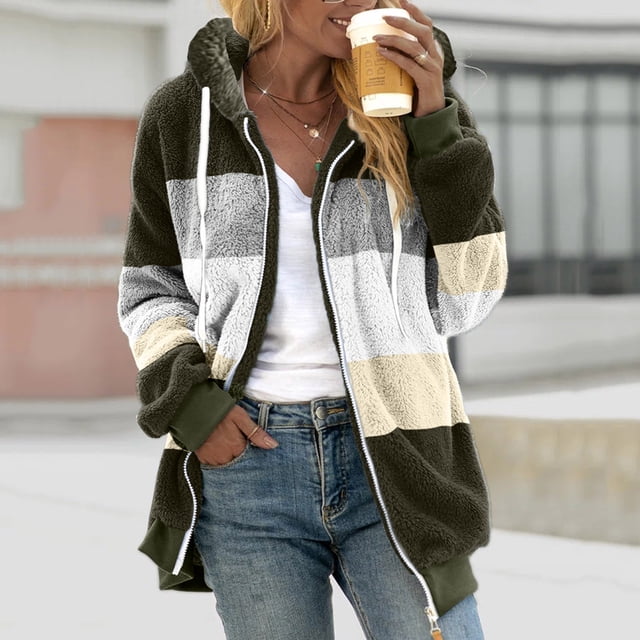 Zanvin women's winter fuzzy fleece jacket hooded color block patchwork cardigan with drawstring closure. Oversized outerwear made of soft polyester fabric, featuring long sleeves and front pockets. Styled casually with jeans and a white shirt, ideal for cold weather, casual outings, and layering as a coat.