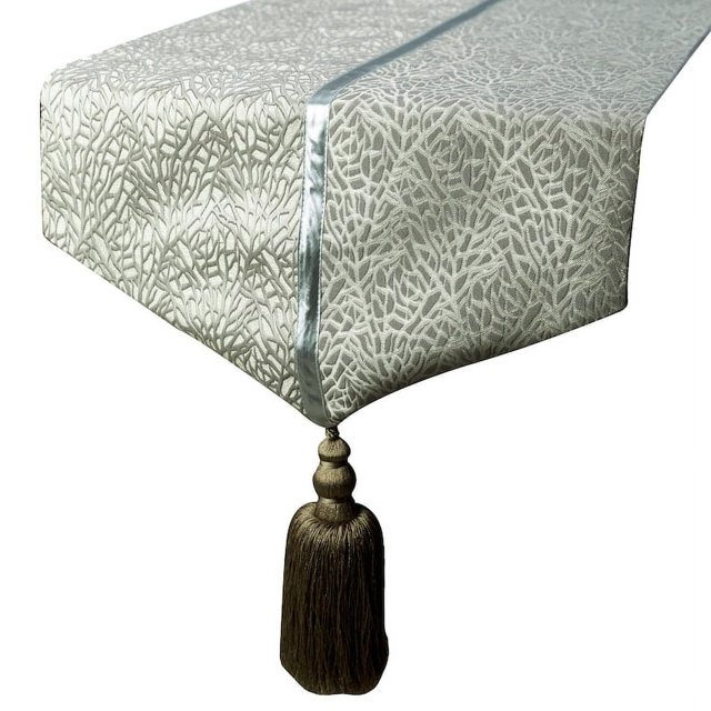 Le HomeCentric décoratif argent Table Runner 8 - 10 Seater Table Runner (16 x 120 pouces), Tassles Table Runner, tissu de soie linge de table, modèle abstrait style moderne - Fougère argentée