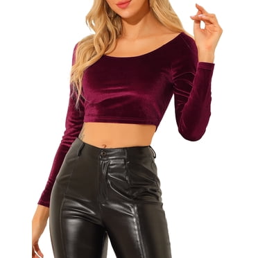 INSPIRE CHIC Women's Velvet Long Sleeve Off Shoulder Solid Crop Tops L Burgundy