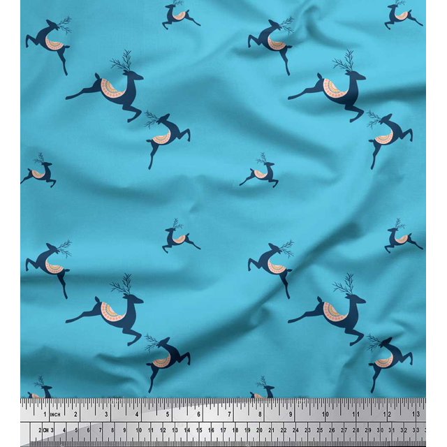 Soimoi Blue polyester Crepe Fabric Reindeer Animal Printed Craft Fabric by the Yard 52 Inch Wide