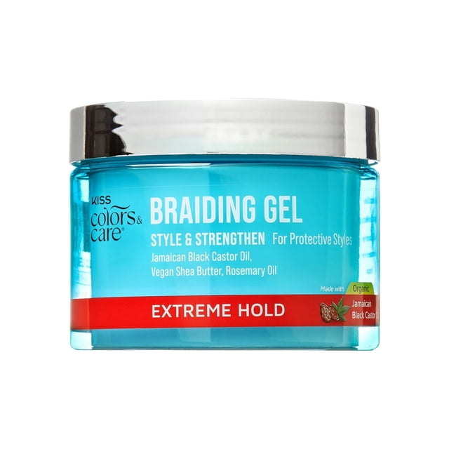 KISS Colors & Care Gel Tressé, Coiffer et Renforcer Tenue Extrême, 6 oz, dans un Pot Bleu Transparent avec Couvercle Argenté Réfléchissant, Formulé avec de l'Huile de Ricin Noire Jamaïcaine, du Beurre de Karité Végétalien et de l'Huile de Romarin pour Offrir une Tenue et une Hydratation Durables pour des Coiffures et des Tresses Protectrices.