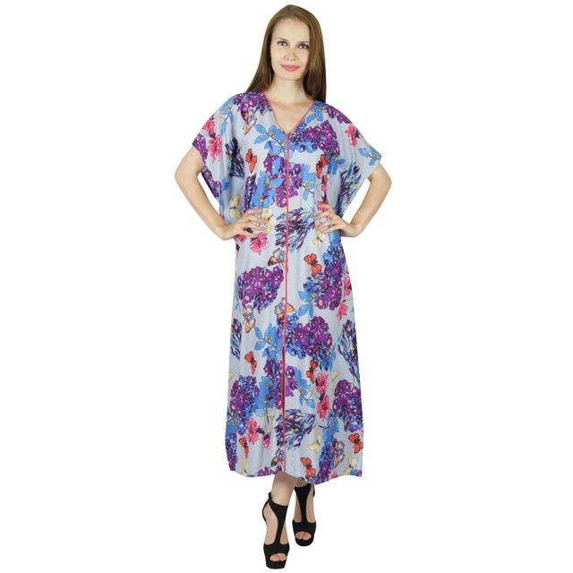 Bimba Robe Maxi Kaftan Longue pour Femmes en Rayonne, Dos Smocké, Caftan, Robe de Plage, Couvre-Maillot