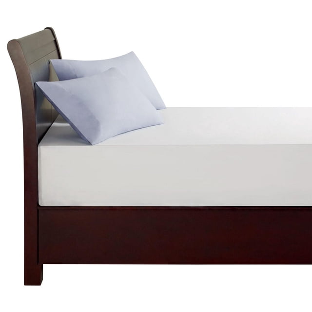 hometrends 100% Cotton Pillowcases in light blue on a dark wood bed frame with a white fitted sheet, featuring a breathable 300 thread count percale weave and brushed softness, ideal for comfortable bedding sets.