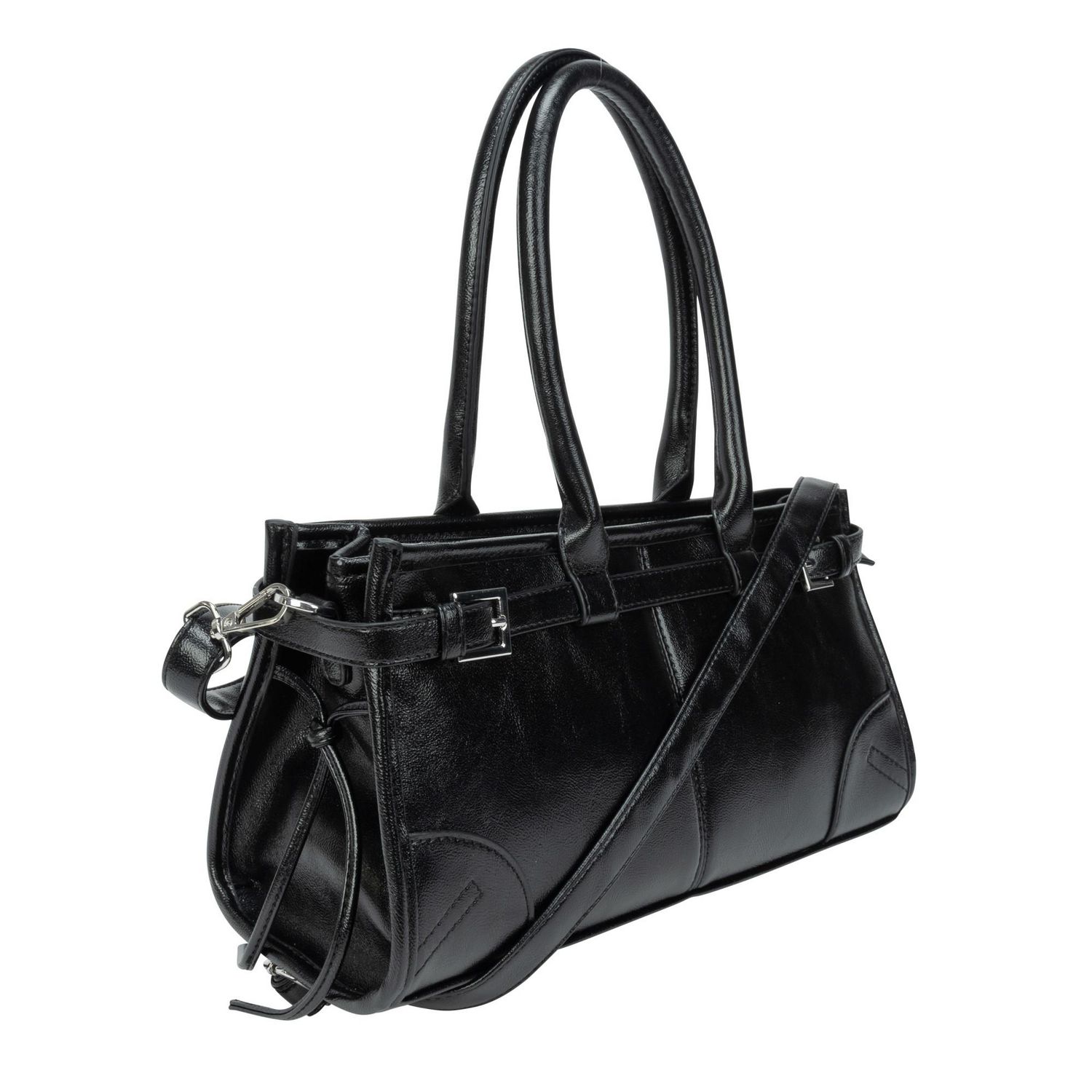 Time & Tru Slim Satchel Handbag, Oil-Waxed Faux Leather, Top Handles with Removable Adjustable Strap, Inner Zipper Pocket, Top Zipper Closure, Black