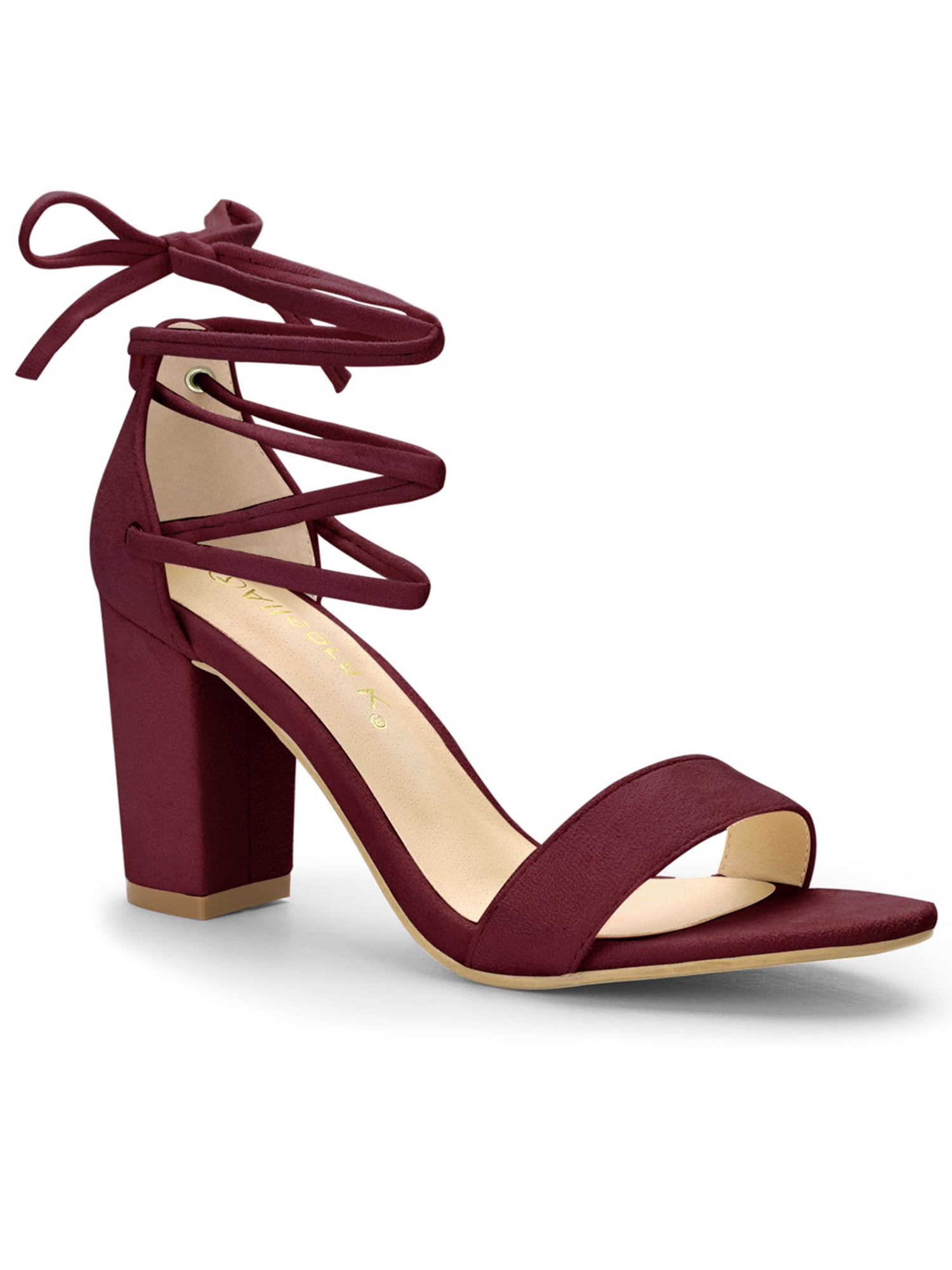 BLISSFUL STEP Women's Sandals Solid Summer Block Heels Lace up Sandals Burgundy 8