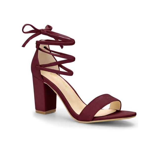 BLISSFUL STEP Women's Sandals Solid Summer Block Heels Lace up Sandals Burgundy 8