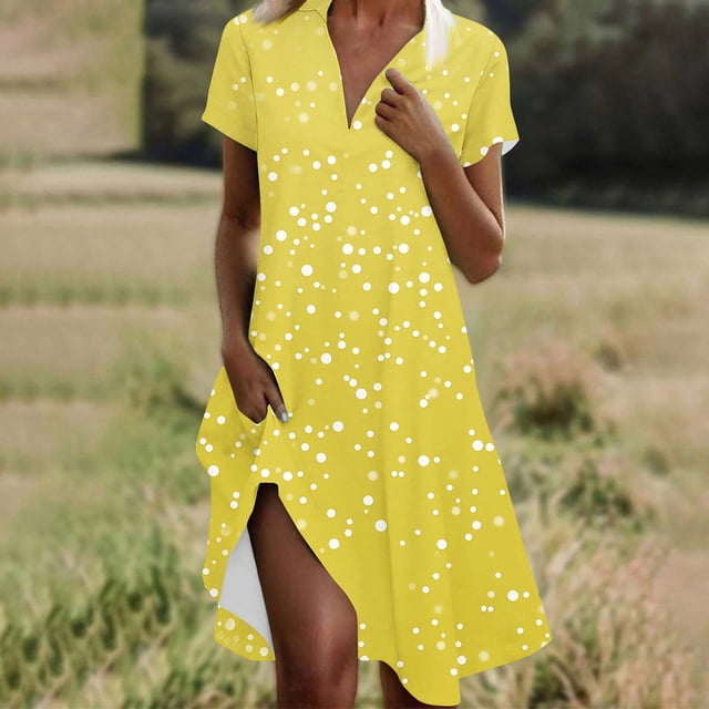 Ovzne Robes Grande Taille pour Femmes aux Formes Robe de Plage Mode Femmes Imprimé à Pois Col en V Manches Courtes Robe Ample et Confortable Robe Maxi Grande Taille Manches Courtes Imprimée Liquidation