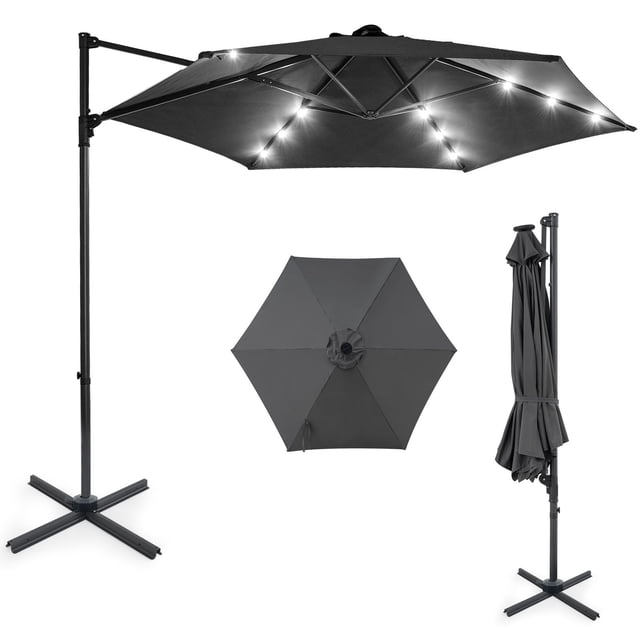 Costway Parasol Déporté de Patio 10 Pi avec Lumières DEL Solaires, Rotation à 360°, Évent Gris