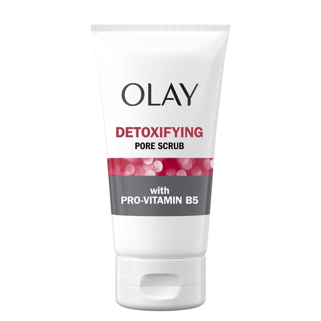 Olay Regenerist Detoxifying Pore Scrub Facial Cleanser in a white squeeze tube with flip cap, labeled with red and black text and a grey band featuring Pro-Vitamin B5, designed to exfoliate, detoxify pores, and brighten skin, ideal for daily facial skincare routines.
