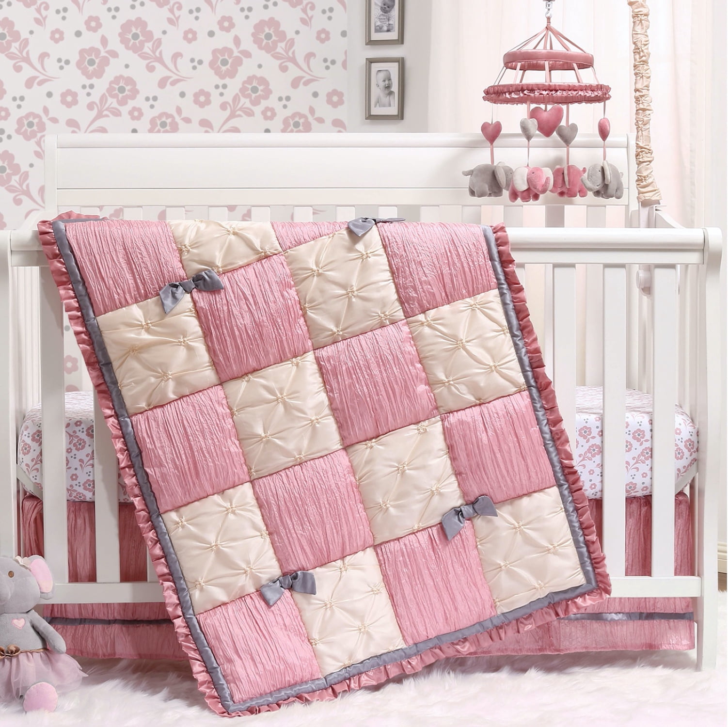 The Peanutshell Bella Collection Crib Bedding Set for Baby Girls, 3 Piece Nursery Bed Set, Pink & Gold