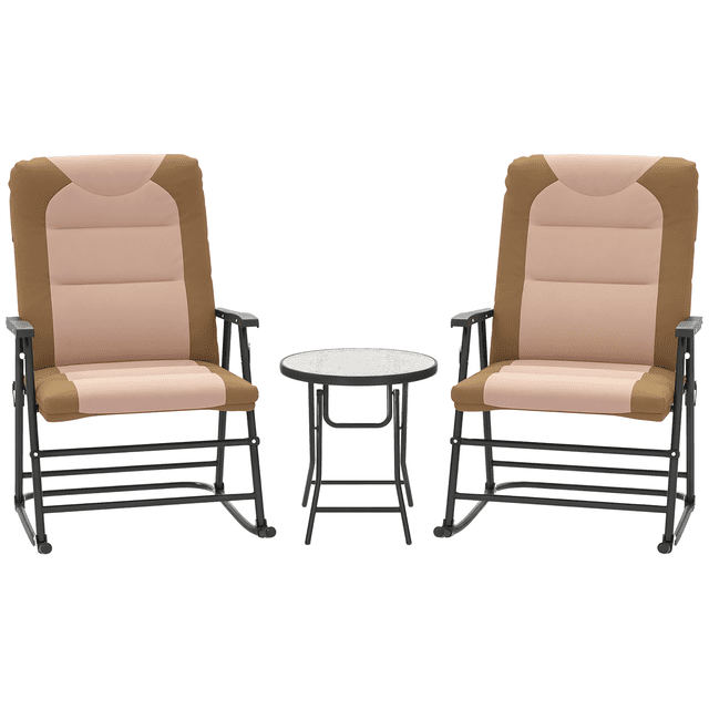 Outsunny Ensemble de 3 Chaises Berçantes Pliables pour Patio en Brun Pâle, Comprenant Deux Chaises Berçantes Rembourrées avec Accoudoirs et une table d'Appoint Ronde Assortie avec Dessus en Verre Trempé. Conçues pour l'Extérieur, les Chaises Sont Pliables pour un Rangement et un transport Faciles. Bien Qu'Idéal pour les patios et les Jardins, le Mouvement de Bascule et le Confort Rembourré le Rendent Aussi Adapté à l'Utilisation en Chambre de Bébé, Offrant une option d'Assise Relaxante pour les parents.