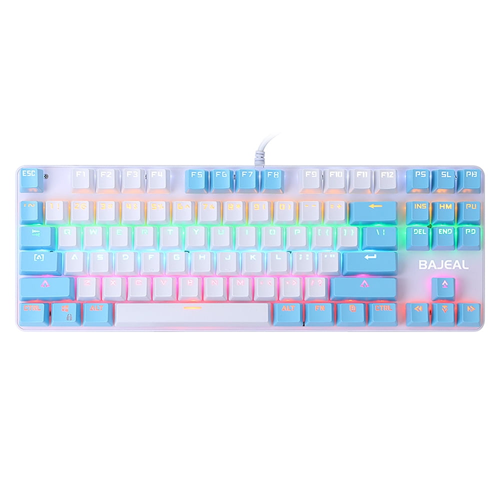 BAJEAL 87 Keys Wired Mechanical Keyboard Mixed Light Mechanical Keyboard with Mechanical Blue Switch Suspension Button White+Blue