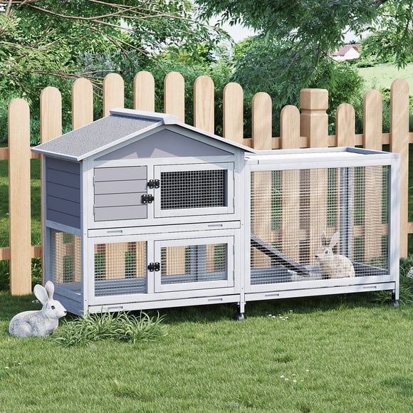 EDTara Large 2-Story Rabbit Hutch, 63" Indoor/Outdoor Cage With Easy-Access Ramp, Waterproof Roof, Three Pull-Out Trays, and Six Lockable Caster Wheels