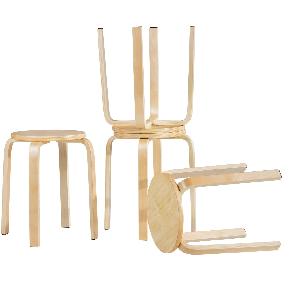 Patiojoy Set of 4 Stacking Bentwood Stool Round Dining Chair Backless Bar Stool Natural