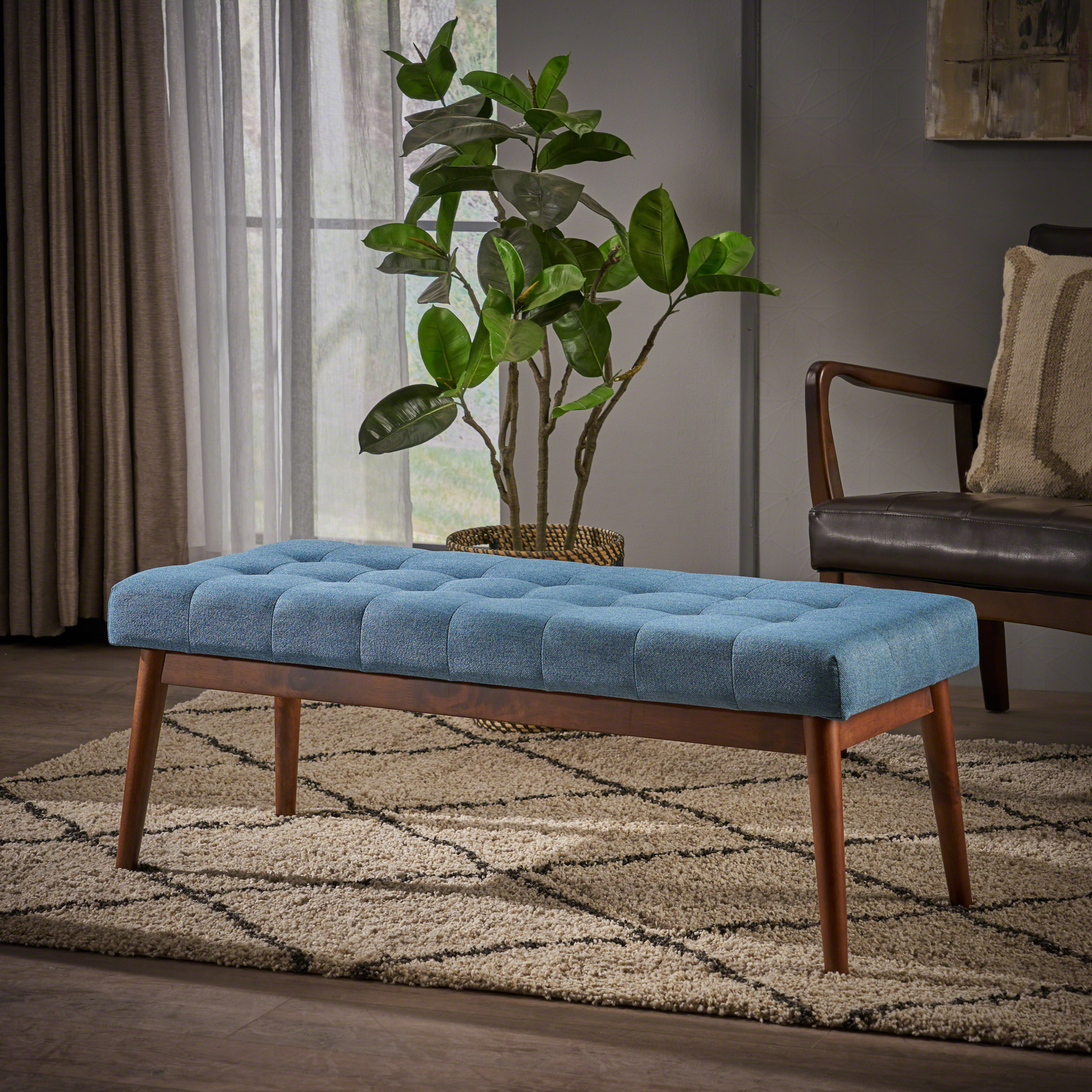 Christopher Knight Home Ottoman en Tissu Capitonné Style Mi-Siècle, Bleu / Noyer