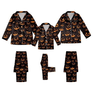 Fgnfyis Matching Family Halloween Print Pajama Long Sleeve Silk Satin Sleepwear Family Halloween Pajamas for Women and Kids Comfortable Loungewear Party Outfit for Women Black_003 XXL