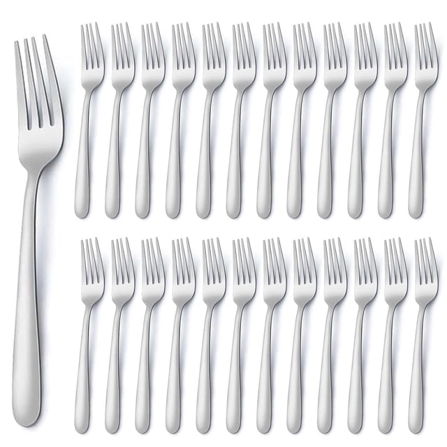 Bestdin 24 Pieces Dinner Forks, made of food-grade stainless steel, featuring a mirror-polished finish. Each fork measures 7.1 inches and is designed for durability and rust resistance. The set includes 24 forks with a classic and elegant design, suitable for daily use, restaurants, weddings, and more. Dishwasher safe for easy cleaning.