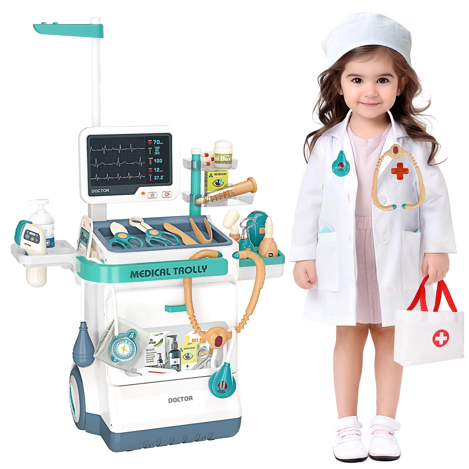 Jovow Doctor Kit for Kids, Pretend Medical Station Set for Boys & Girls,Pretend Medical Kit Toy, Mobile Cart with Sound and Light Functions, Kids Doctor Kit for Toddlers