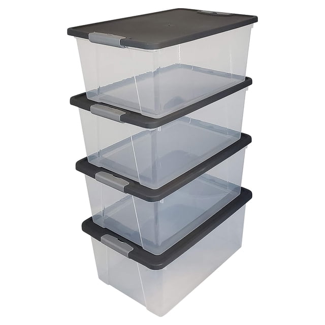 Homz Contenant de Rangement en Plastique Empilable de 15 Qt avec Couvercle à Loquet, Gris (Lot de 4)