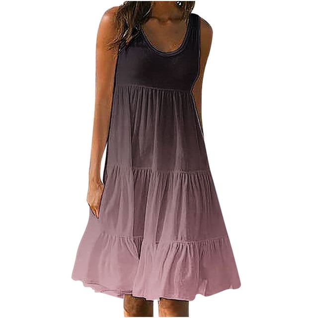 AherBiu Robe de Plage Grande Taille pour Femmes, Robe d'Été à Dégradé de Couleurs, Froncée, à Volants, Fluide, Midi, Style Camisole