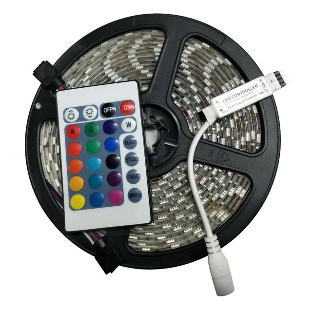 CIMAXIC Party 5M Waterproof LED Strip Lights SMD 5050 RGB Light Strip with 24-Key Remote Controller, shown coiled on a black reel. The strip features adhesive backing for easy installation and is IP65 waterproof. Includes a 24-key remote with color and mode options, and a connected LED controller. Ideal for party, Christmas, and decorative lighting applications.