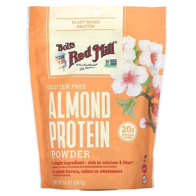 Bob's Red Mill Almond Protein Powder, Gluten Free, 14 oz (397 g) in an orange resealable pouch with almond blossom illustrations. Features include 20 g protein per serving, plant-based, non-GMO, and rich in calcium and fiber. Ideal for protein supplements, shakes, smoothies, and baking.