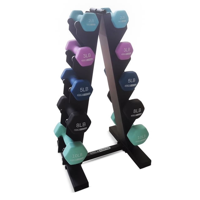 HolaHatha 2, 3, 5, 8, & 10 lb Neoprene Dumbbell Free Weight Set with Rack in pastel colors. Features five pairs of hexagonal dumbbells with non-slip neoprene coating, ideal for strength training, yoga, and home gym workouts. Includes a sturdy black storage rack. Dumbbells are color-coded in light blue, lavender, dark blue, black, and sky blue for easy identification.