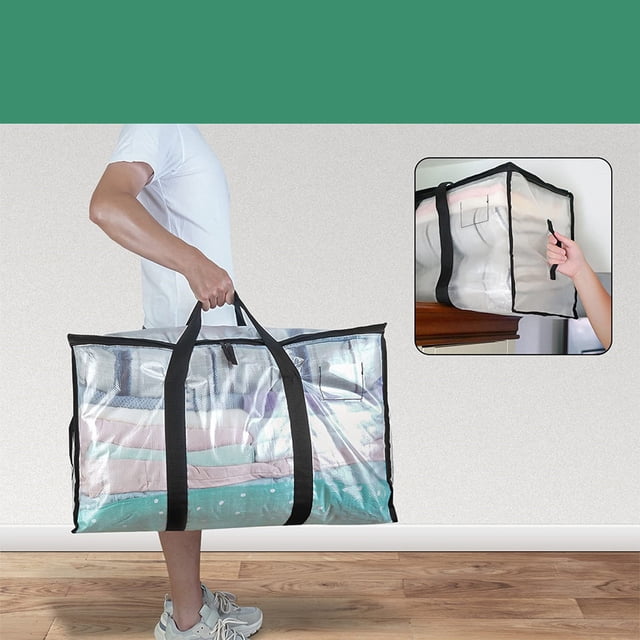 Sac de Rangement pour Couvertures, Forte Capacité de Charge, Déménagement, Grande Capacité, Transparent, avec Poignée Portable, Robuste, Pliable, Multifonction, Organisateur de Couettes et Vêtements