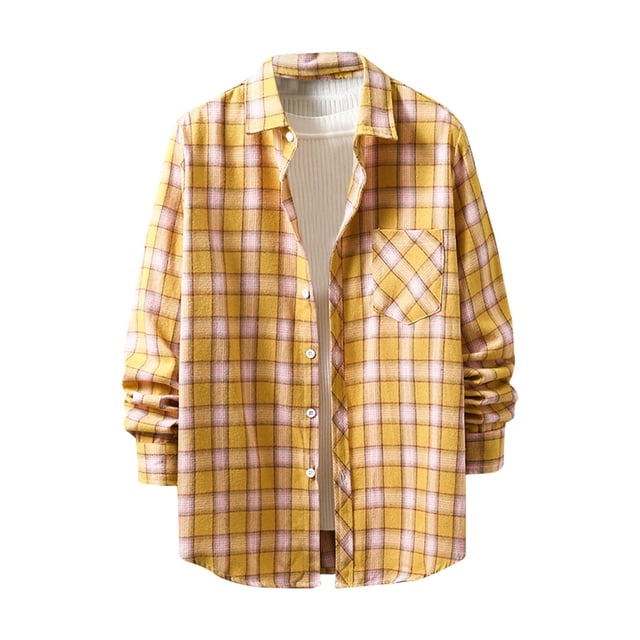TIMIFIS Mens Plaid Shirts Long Sleeve Plaid Flannel Casual Shirts Button Down Male Regular Fit-YellowFall