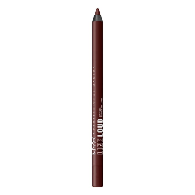 NYX PROFESSIONAL MAKEUP Line Loud waterproof lip pencil in deep brown with smooth matte finish and creamy texture, infused with vitamin E for softer lips, featuring white brand text on the pencil body, isolated on white background.
