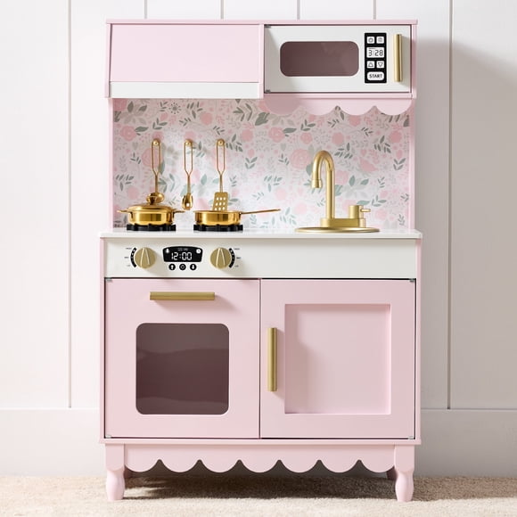 Best Choice Products Wooden Cottage Kids Pretend Play Kitchen with 5 Accessories and Toy Storage - Pink